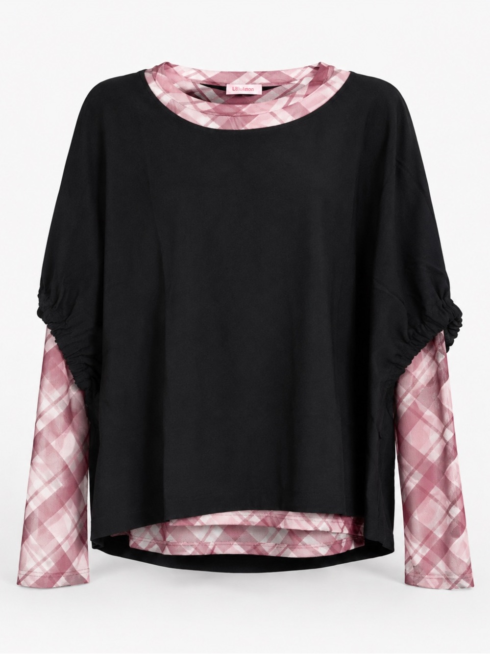 Zenana Layered Plaid Long Sleeve Poncho Top | Pink Plaid Mesh Size Large